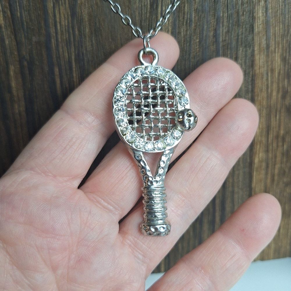 Vintage Silvertone Tennis Racket Pendant Necklace With Rhinestones Signed AD